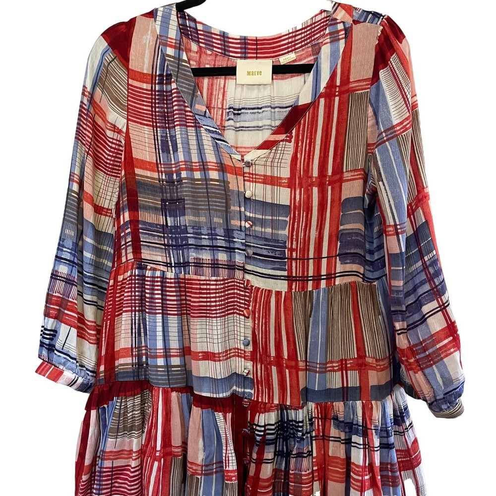 Maeve Anthropologie Smock Dress plaid women's S red blue‎ multi